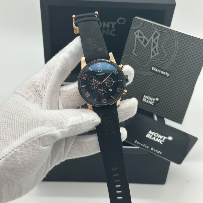 Montblanc Timewalker Chronograph – Black Dial with Rose Gold Accents & Leather Strap