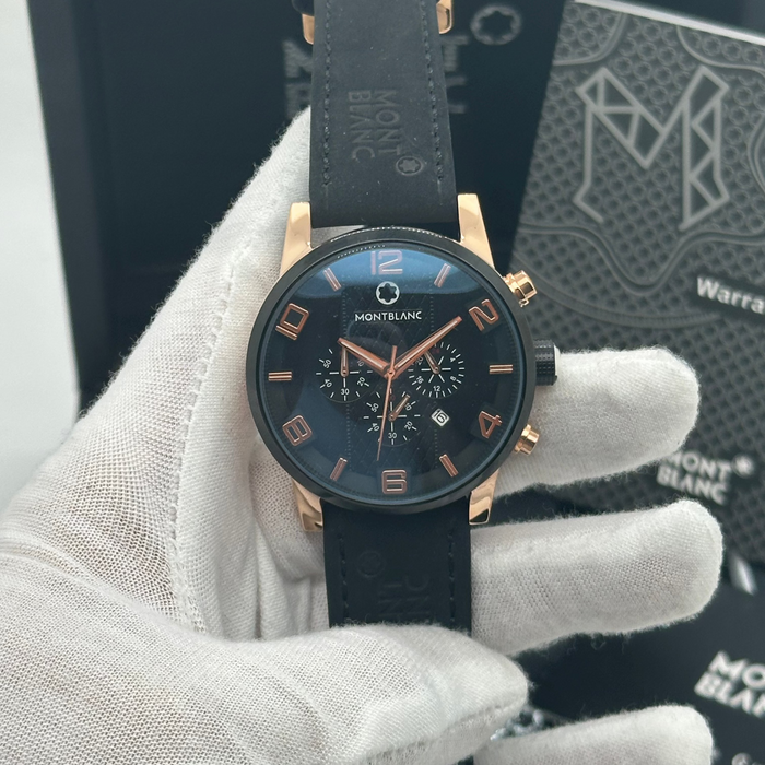 Montblanc Timewalker Chronograph – Black Dial with Rose Gold Accents & Leather Strap