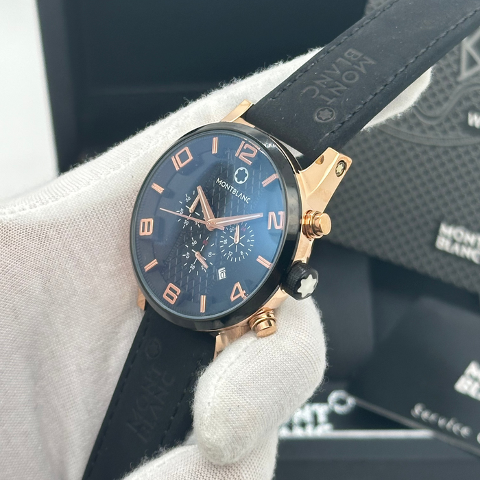 Montblanc Timewalker Chronograph – Black Dial with Rose Gold Accents & Leather Strap