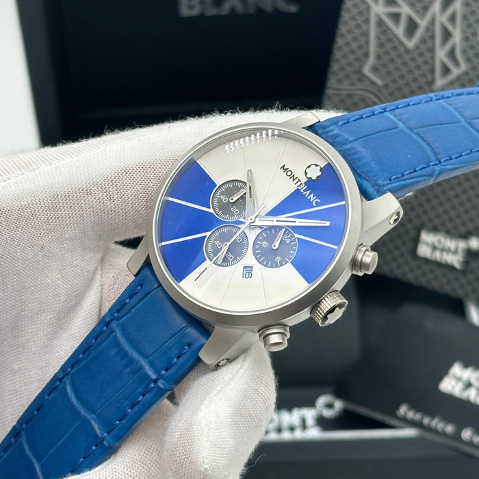 Montblanc Timewalker Chronograph – Blue & Silver Dial with Blue Leather Strap