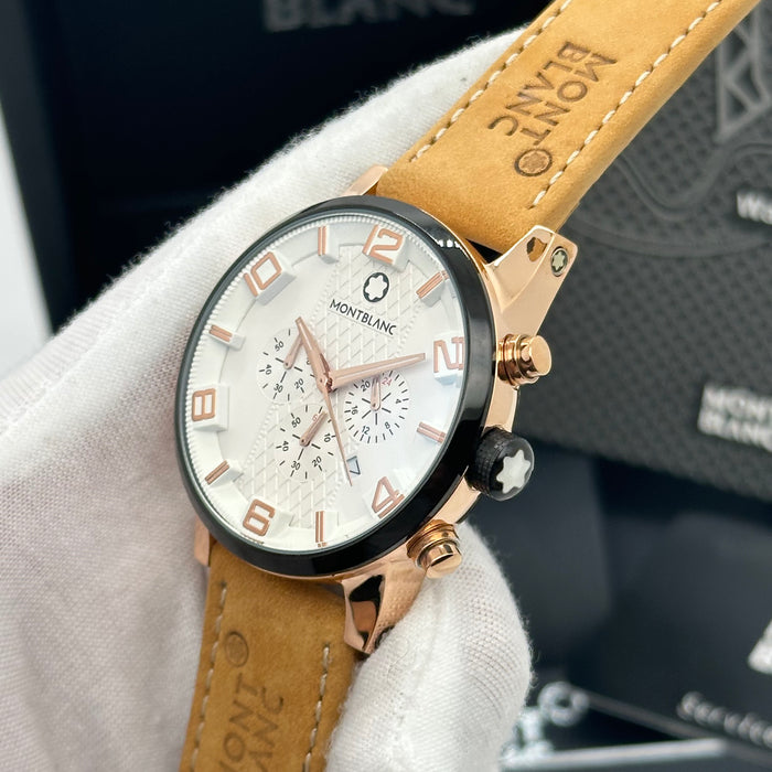 Montblanc Timewalker Chronograph – Cream Dial with Rose Gold & Tan Leather Strap