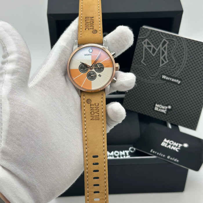 Montblanc Timewalker Chronograph – Sunset Orange Dial with Rose Gold Case & Tan Strap