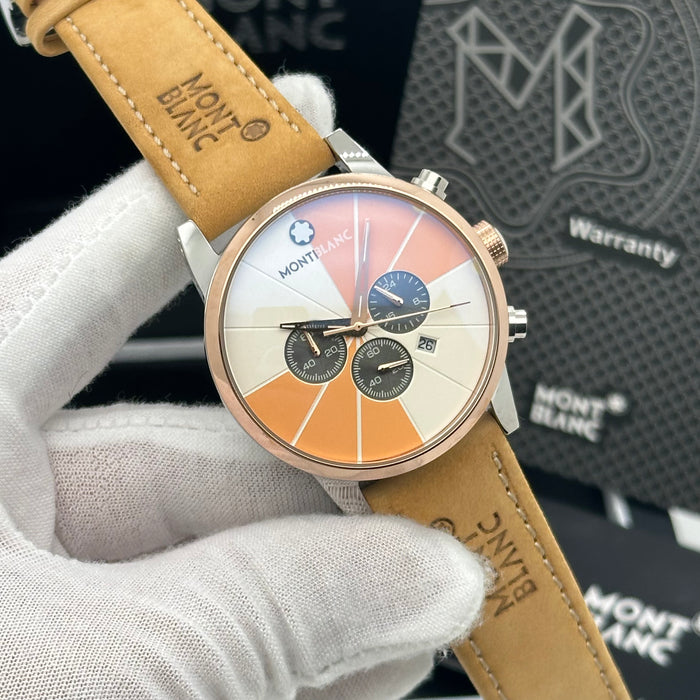 Montblanc Timewalker Chronograph – Sunset Orange Dial with Rose Gold Case & Tan Strap