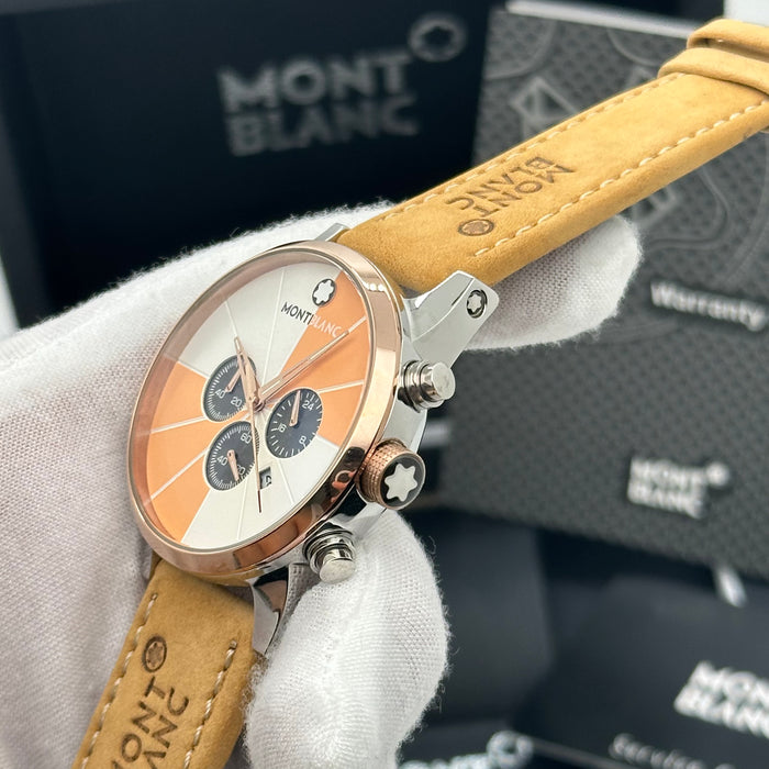 Montblanc Timewalker Chronograph – Sunset Orange Dial with Rose Gold Case & Tan Strap