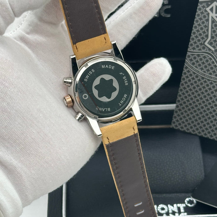 Montblanc Timewalker Chronograph – Sunset Orange Dial with Rose Gold Case & Tan Strap