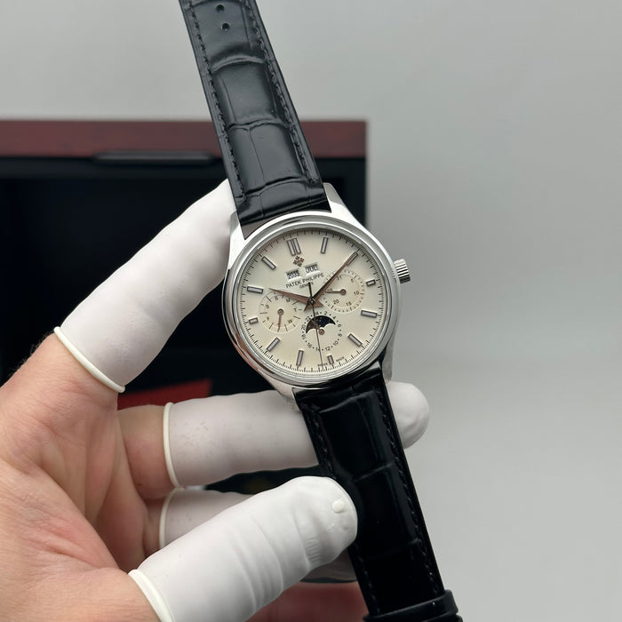 Patek Philippe Annual Calendar Moonphase – Stainless Steel – Ivory Dial – Black Leather Strap