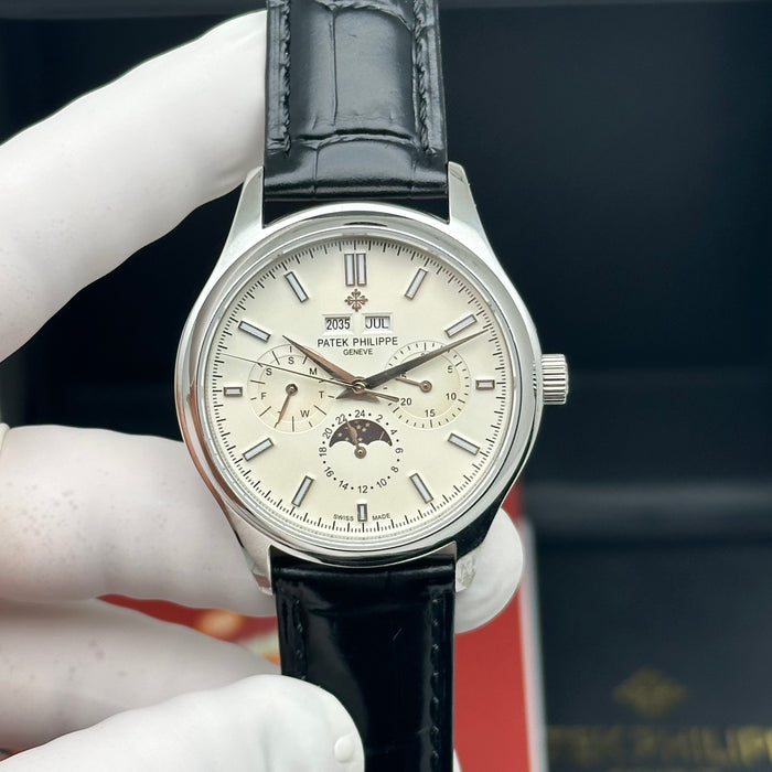 Patek Philippe Annual Calendar Moonphase – Stainless Steel – Ivory Dial – Black Leather Strap