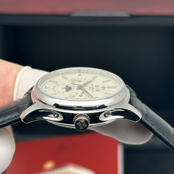 Patek Philippe Annual Calendar Moonphase – Stainless Steel – Ivory Dial – Black Leather Strap