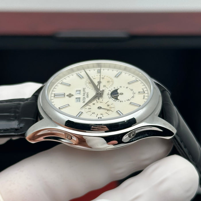 Patek Philippe Annual Calendar Moonphase – Stainless Steel – Ivory Dial – Black Leather Strap