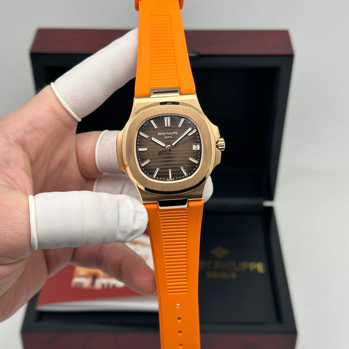 Patek Philippe Nautilus Style – Rose Gold – Brown Dial – Orange Rubber Strap - Swiss Clone