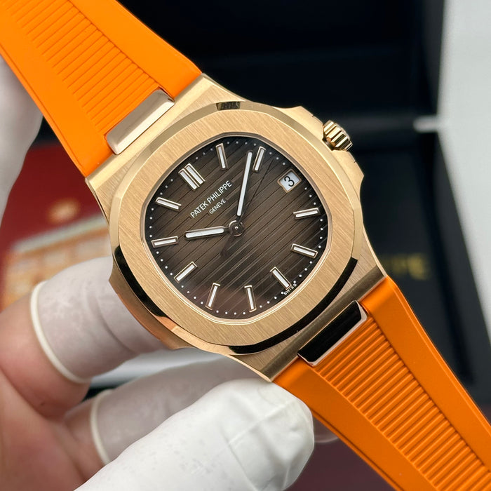 Patek Philippe Nautilus Style – Rose Gold – Brown Dial – Orange Rubber Strap - Swiss Clone