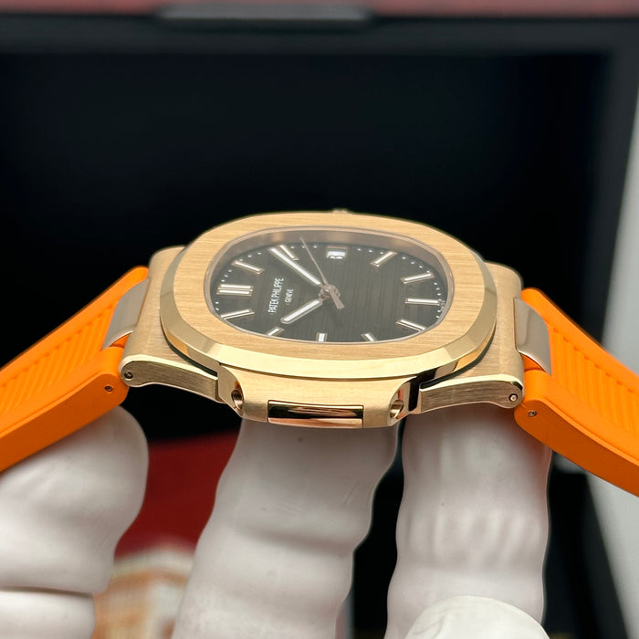 Patek Philippe Nautilus Style – Rose Gold – Brown Dial – Orange Rubber Strap - Swiss Clone