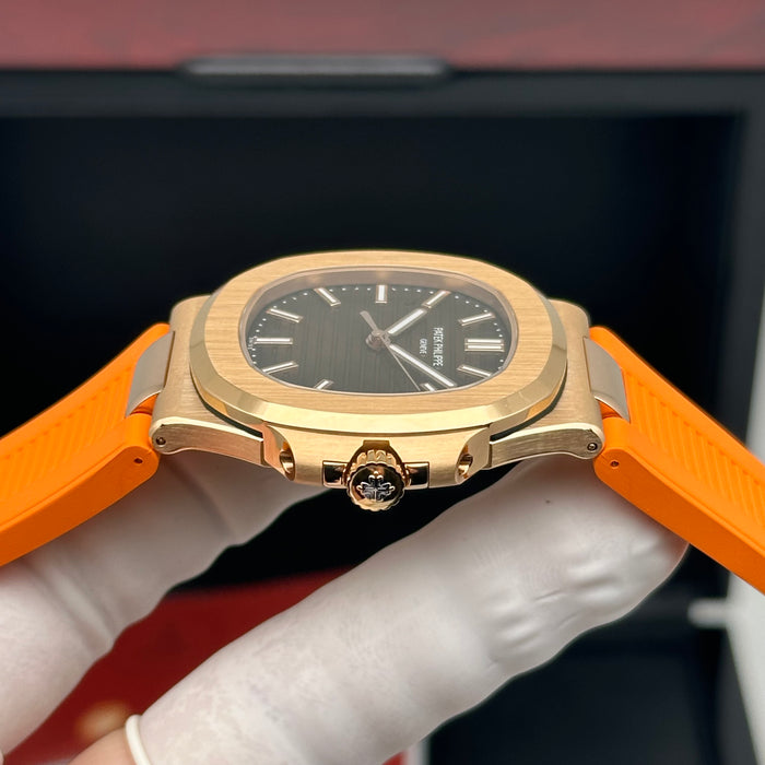 Patek Philippe Nautilus Style – Rose Gold – Brown Dial – Orange Rubber Strap - Swiss Clone