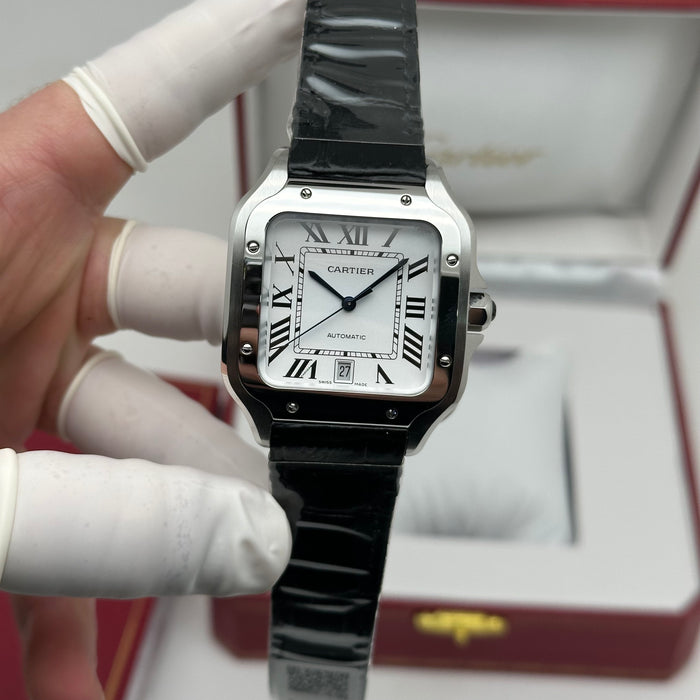 Cartier Santos de Cartier Medium – White Dial – Automatic – Steel on Black Leather