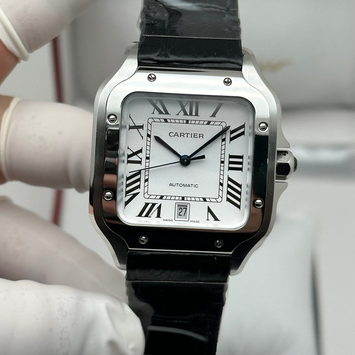 Cartier Santos de Cartier Medium – White Dial – Automatic – Steel on Black Leather