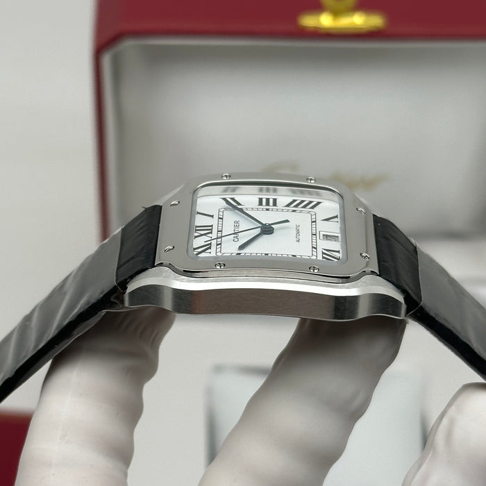 Cartier Santos de Cartier Medium – White Dial – Automatic – Steel on Black Leather