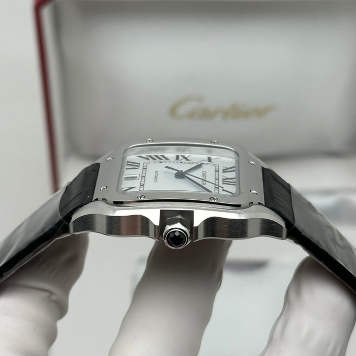 Cartier Santos de Cartier Medium – White Dial – Automatic – Steel on Black Leather