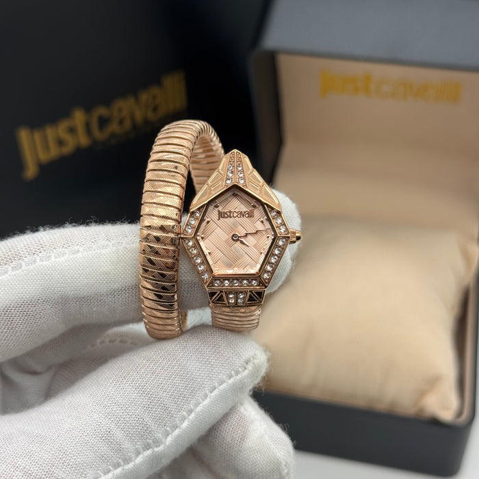 Just Cavalli JC1L303M0045 Women’s Serpentine Rose Gold Bangle Watch – Crystal Accents (Authentic)