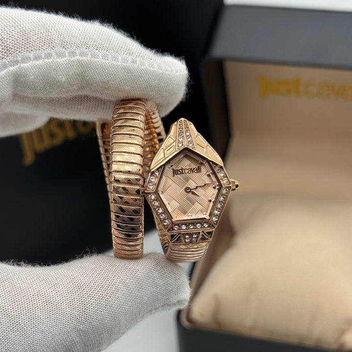 Just Cavalli JC1L303M0045 Women’s Serpentine Rose Gold Bangle Watch – Crystal Accents (Authentic)