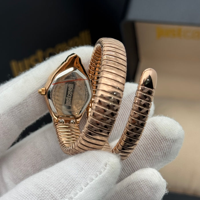 Just Cavalli JC1L303M0045 Women’s Serpentine Rose Gold Bangle Watch – Crystal Accents (Authentic)