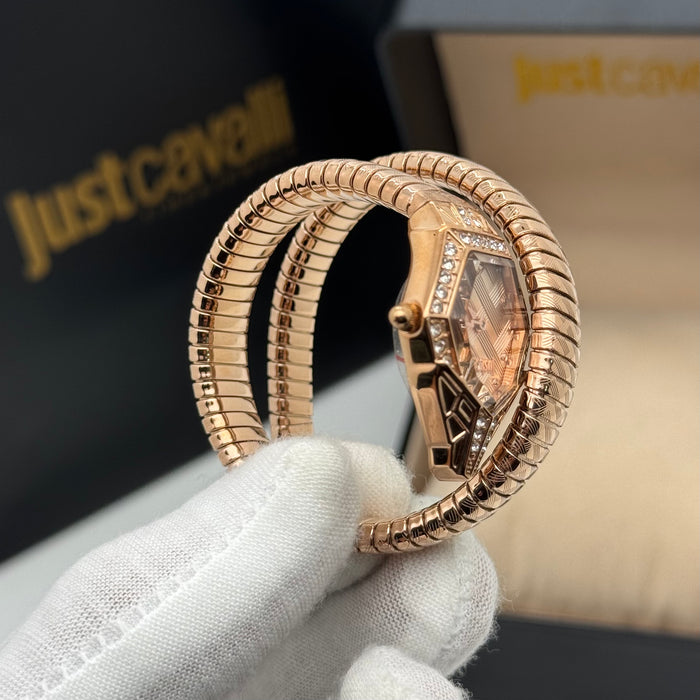 Just Cavalli JC1L303M0045 Women’s Serpentine Rose Gold Bangle Watch – Crystal Accents (Authentic)
