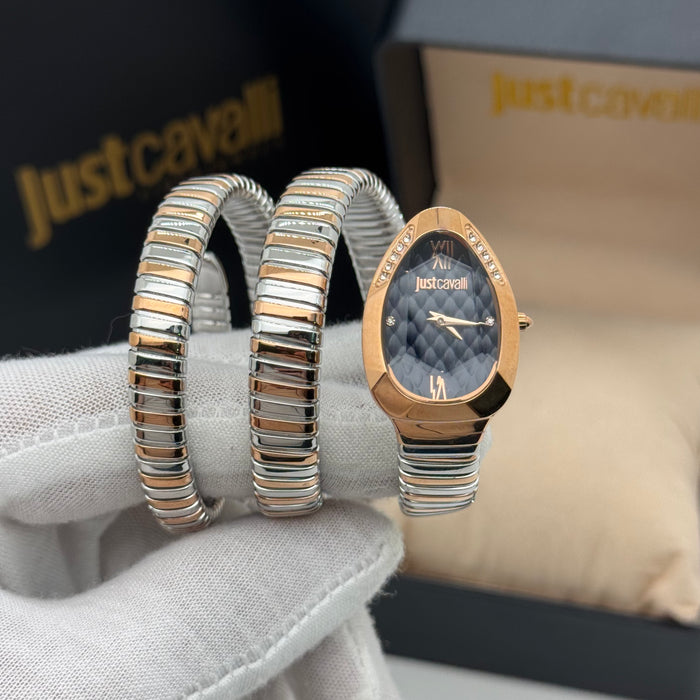 Just Cavalli JC1L224M0095 Women’s Serpentine Black Dial Bangle Watch – Two-Tone - Authentic