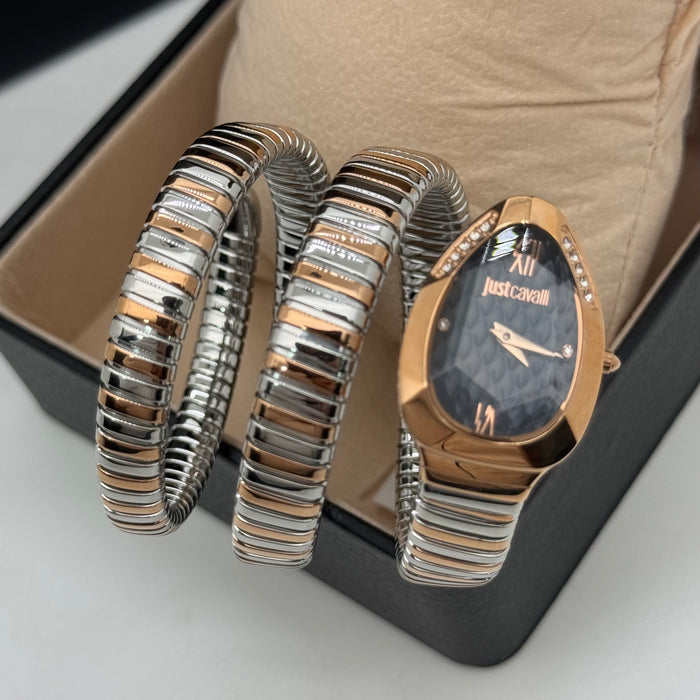 Just Cavalli JC1L224M0095 Women’s Serpentine Black Dial Bangle Watch – Two-Tone - Authentic