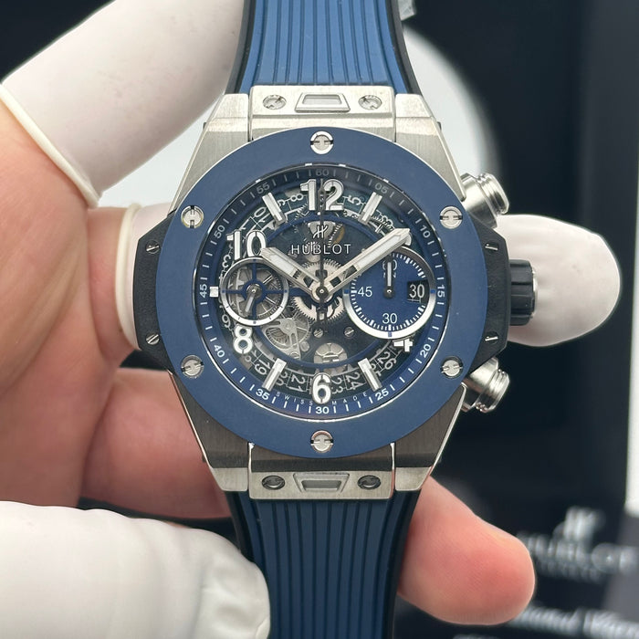 Hublot Big Bang Unico Titanium Blue Bezel Skeleton Chronograph 44MM – Swiss Super Clone