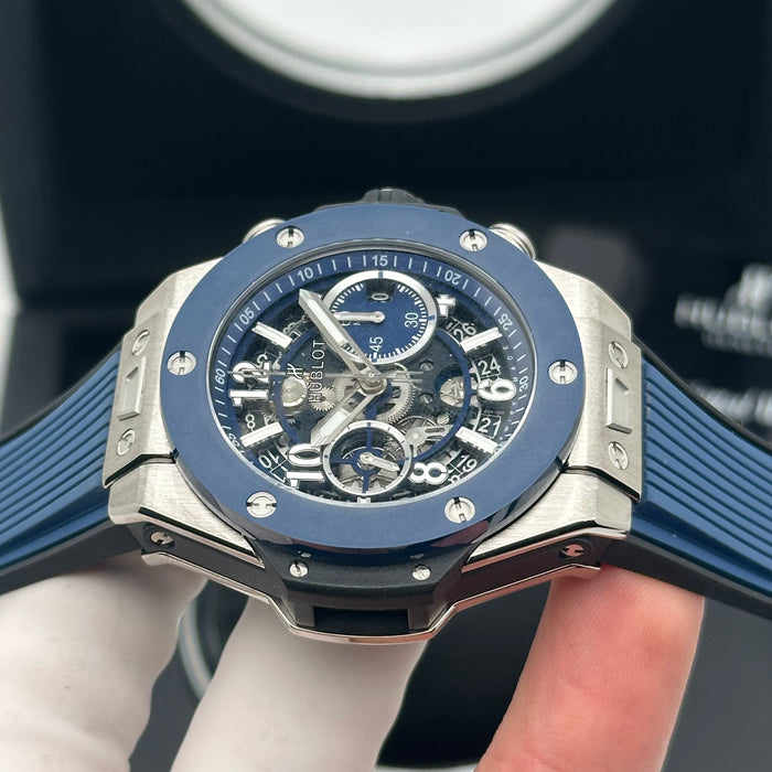 Hublot Big Bang Unico Titanium Blue Bezel Skeleton Chronograph 44MM – Swiss Super Clone