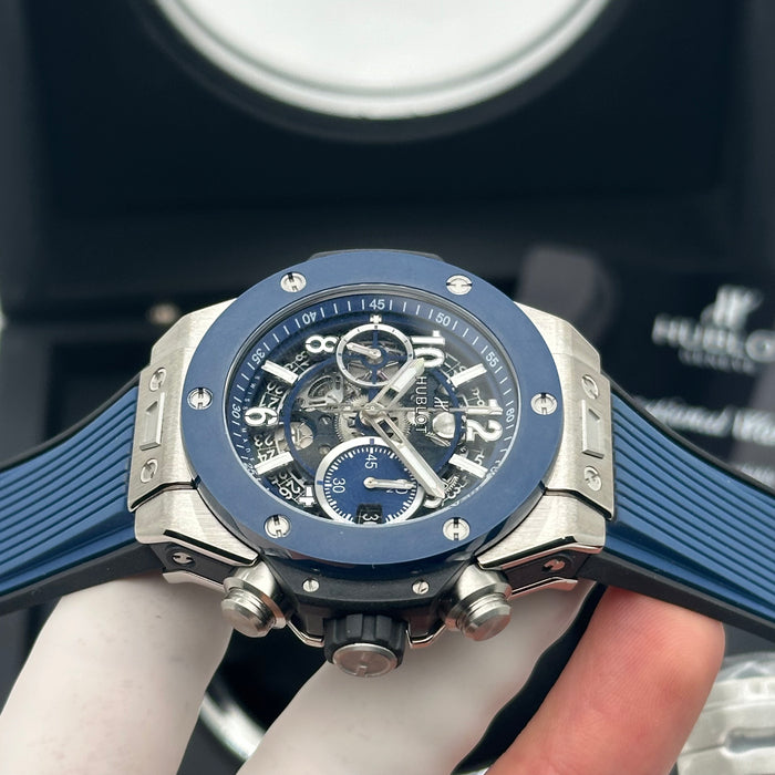 Hublot Big Bang Unico Titanium Blue Bezel Skeleton Chronograph 44MM – Swiss Super Clone