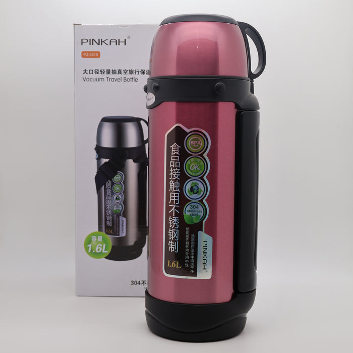 Pinkah 1.6L Stainless Steel Medium Coffe Thermoses For Travel Insulated Water Vacuum Bottle With Plastic Cup Hiking