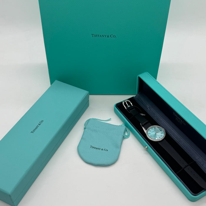 Tiffany & Co. Cocktail Oval Diamond Bezel Women’s Watch – Turquoise Dial, Black Leather Strap