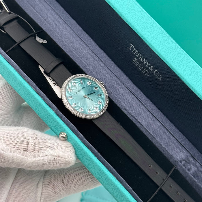Tiffany & Co. Cocktail Oval Diamond Bezel Women’s Watch – Turquoise Dial, Black Leather Strap