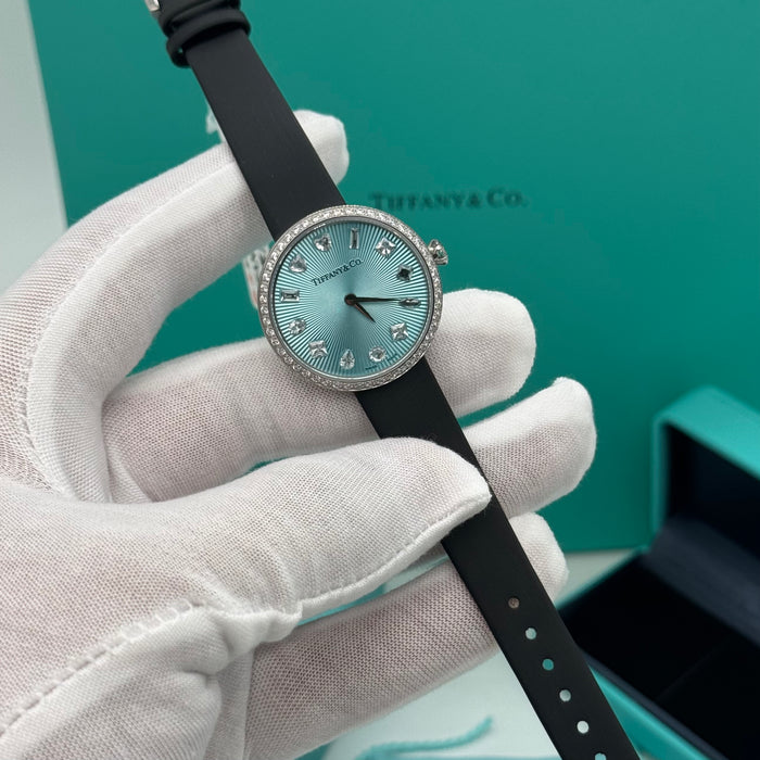 Tiffany & Co. Cocktail Oval Diamond Bezel Women’s Watch – Turquoise Dial, Black Leather Strap