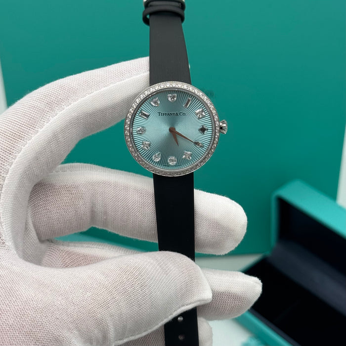 Tiffany & Co. Cocktail Oval Diamond Bezel Women’s Watch – Turquoise Dial, Black Leather Strap