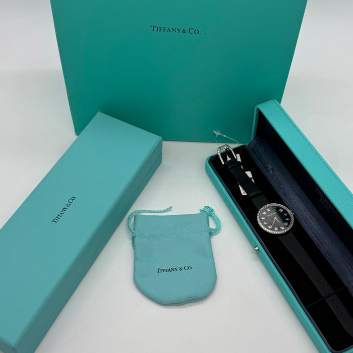 Tiffany & Co. Cocktail Oval Diamond Bezel Women’s Watch – Black Dial, Black Leather Strap