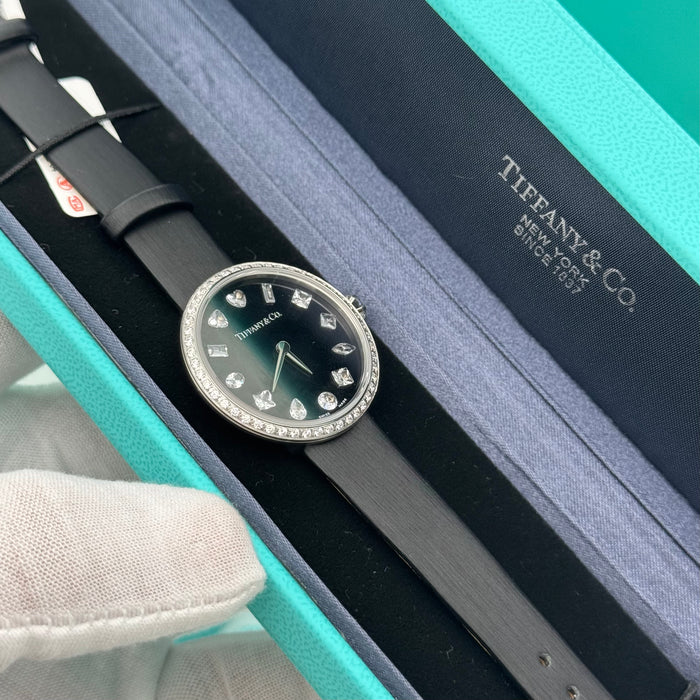 Tiffany & Co. Cocktail Oval Diamond Bezel Women’s Watch – Black Dial, Black Leather Strap