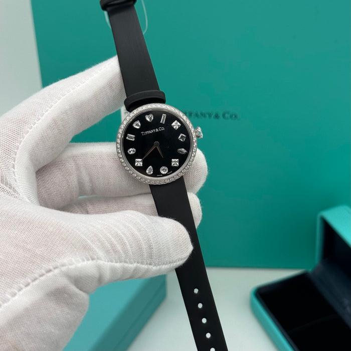 Tiffany & Co. Cocktail Oval Diamond Bezel Women’s Watch – Black Dial, Black Leather Strap