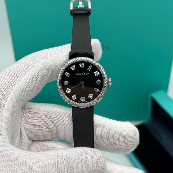 Tiffany & Co. Cocktail Oval Diamond Bezel Women’s Watch – Black Dial, Black Leather Strap
