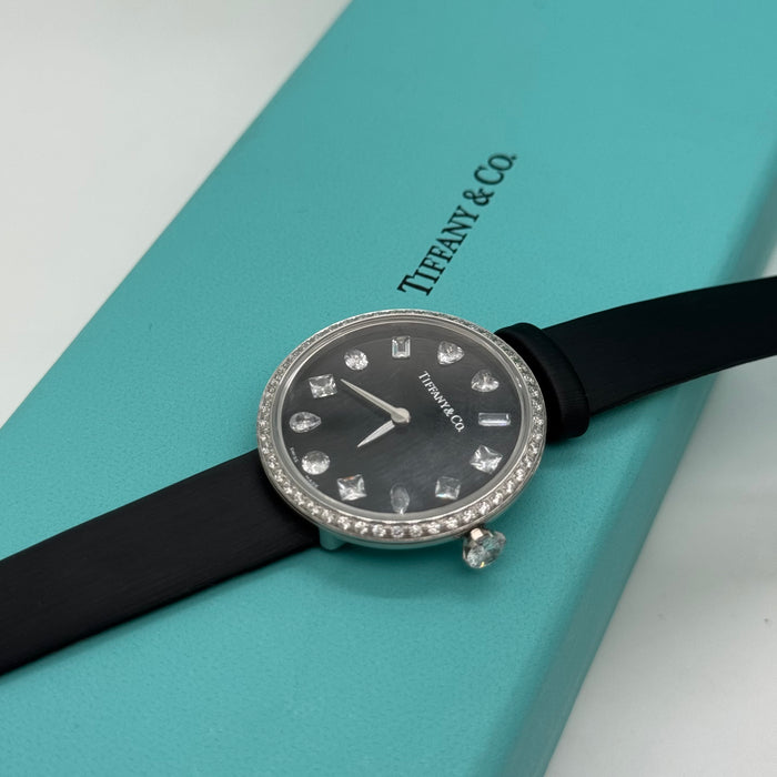 Tiffany & Co. Cocktail Oval Diamond Bezel Women’s Watch – Black Dial, Black Leather Strap