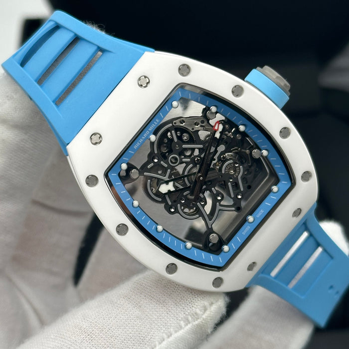 Richard Mille RM055 Bubba Watson White Ceramic Blue Strap – Swiss Super Clone Skeleton Automatic