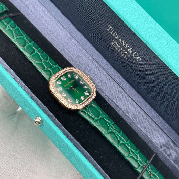 Tiffany & Co. Square Cushion Watch – Dark Green Dial with Croc Strap