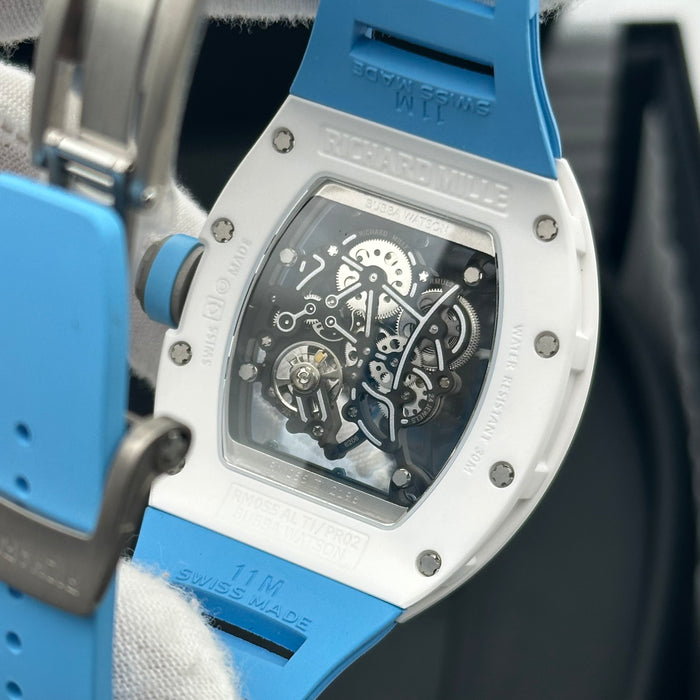 Richard Mille RM055 Bubba Watson White Ceramic Blue Strap – Swiss Super Clone Skeleton Automatic