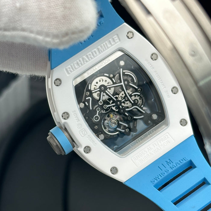 Richard Mille RM055 Bubba Watson White Ceramic Blue Strap – Swiss Super Clone Skeleton Automatic