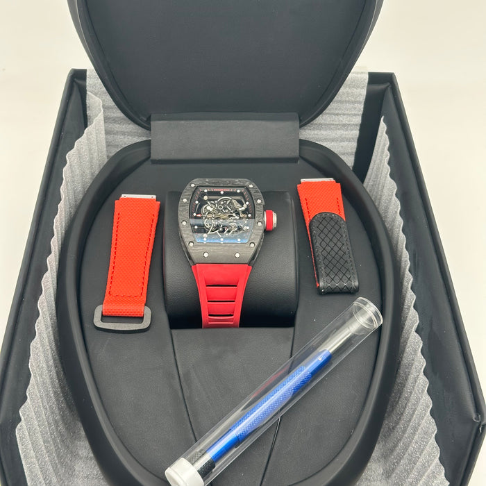 Richard Mille RM055 Bubba Watson Carbon Style Skeleton Watch – Black Carbon Case with Red Rubber Strap