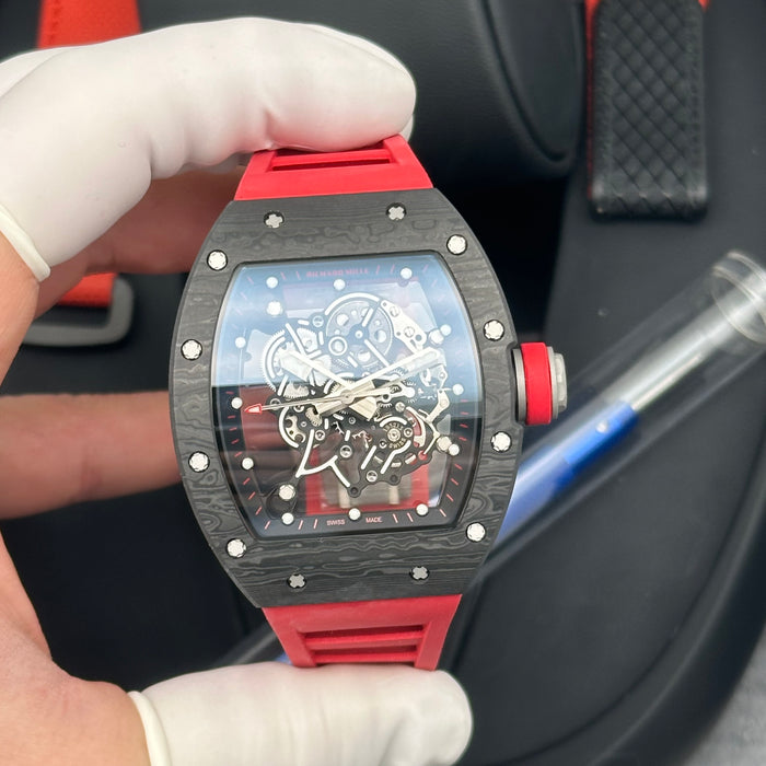 Richard Mille RM055 Bubba Watson Carbon Style Skeleton Watch – Black Carbon Case with Red Rubber Strap