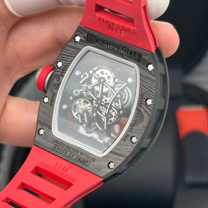 Richard Mille RM055 Bubba Watson Carbon Style Skeleton Watch – Black Carbon Case with Red Rubber Strap