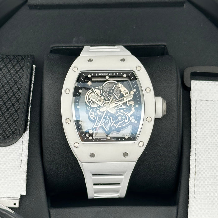Richard Mille RM055 Bubba Watson Style Skeleton Watch – White Ceramic Case with White Rubber Strap