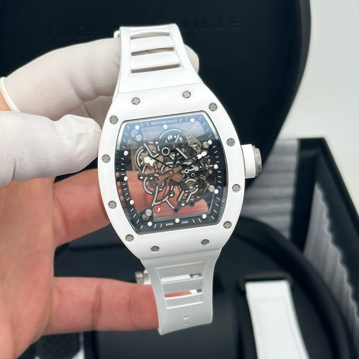 Richard Mille RM055 Bubba Watson Style Skeleton Watch – White Ceramic Case with White Rubber Strap