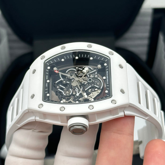 Richard Mille RM055 Bubba Watson Style Skeleton Watch – White Ceramic Case with White Rubber Strap